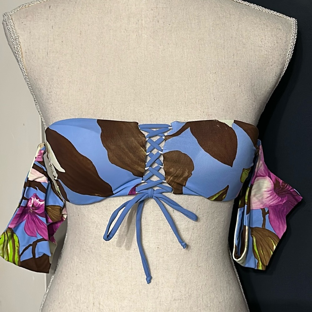 Miss Bikini tie back, lace up front,floral bandeau swim top removable sleeves